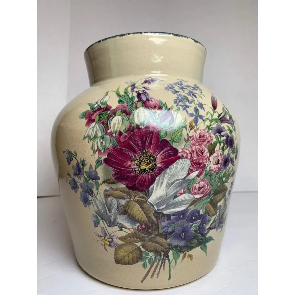 Home & Garden Party Floral Stoneware Cookie  Jar Canister Vintage 2001‎ USA XL